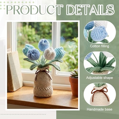 Marsui Crochet Knitting Tulip Bouquet with Vase 7" Knitted Artificial Forever Tulip Handmade Woven Flower with Exquisite Pot Gift for Father's Gifts Back to School Gift Family Home Desk Decor(Blue) - color: Blue, style: Tulip