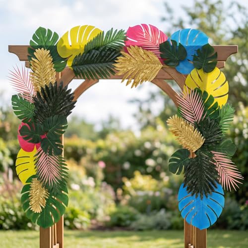 84 Pcs Artificial Palm Monstera Leaves Colorful Set Tropical Fake Leaves Monstera Green Pink Yellow for Luau Hawaiian Theme Party Table Decoration Beach Wedding Birthday Summer