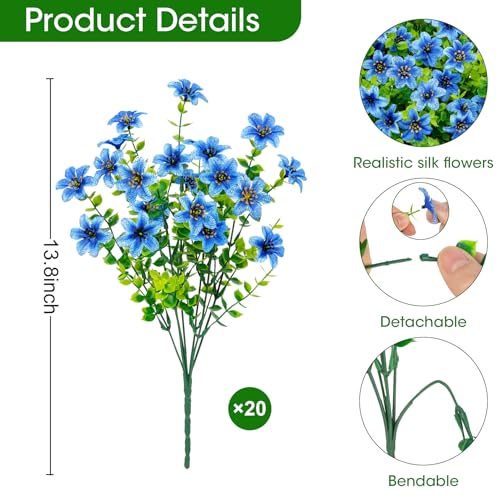 20 Bundles Artificial Flowers for Outdoors, Fake Silk Flowers UV Resistant Faux Realistic Plastic Plants for Spring Summer Porch Patio Garden Planter Window Box Home Decor, Blue - color: Blue