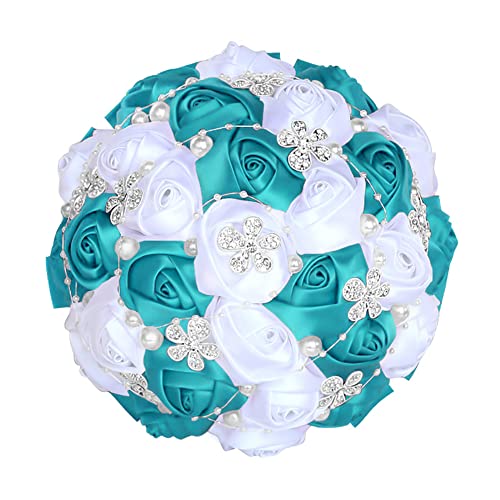 Sharebeauty 5.9 Inch Handmade Satin Rose Bridal Bouquet Toss Round Wedding Bouquet Throw Toss Artificial Flower Bunch Teal Blue + White - color: W224 G/Teal Blue/White, size: 5.9"/15cm