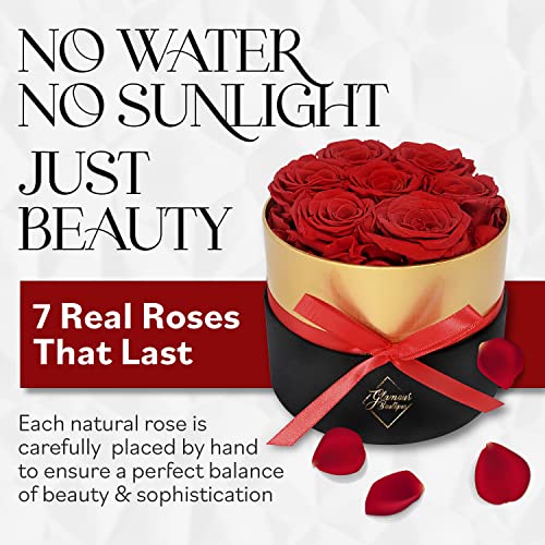 GLAMOUR BOUTIQUE Eternal Preserved Roses in a Box, Flowers Forever, Rose Forever in a Box for Wife or Her, Lasting Real Flower Gift for Mothers Day Luxury Floral 7 Roses, Red (Color-Treated) - color: Red 7 Roses, size: 7 Roses
