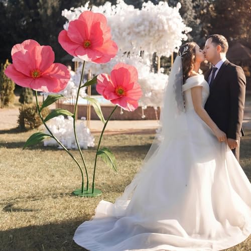 6ft Rose Red Giant Flowers for Decoration with Stand, Large Artificial Poppy, Big Paper Flower Decor for Garden Wedding Party Photography Props Hotel Office Art Gallery Shop Window Display - color: Rose Red