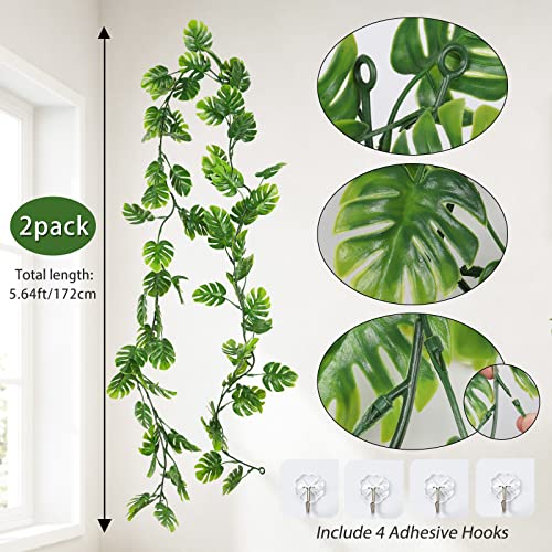 RECUTMS 2Pcs Artificial Monstera Leaf Vines 5.9FT Fake Hanging Plants Ivy Faux Tropical Palm Leaves Greenery Garland for Garden Porch Patio Jungle Luau Beach Birthday Party Indoor Outdoor Spring Décor - color: Monstera Leaf Vines 2pcs