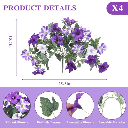 CEWOR 4pcs Artificial Flowers Plants for Outdoor Indoor, Fake Silk Flowers UV Resistant Faux Petunias Flower for Garden Front Door Porch Planter Patio Home Decor (Purple White) - color: Purple & White Morning Glory