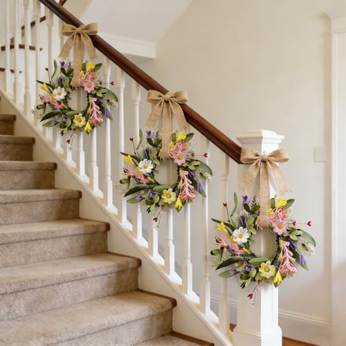 6 Pcs Small Spring Hanging Wreaths for Cabinets with Pink White Daisy Flower Mini Artificial Purple Wild Flower Summer Floral Candle Rings Wreath for Home Kitchen Front Door Window Porch Wall Wedding - color: Spring