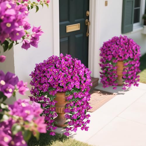 Artificial Bougainvillea Flowers Plants for Outdoors Decoration, 2 Pcs Faux Silk Hanging Flowers Long Trailing Fake Vines for Front Door Porch Planter Balcony Patio Summer Spring Home Decor, Fuchsia - color: Fuchsia