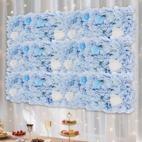 Artificial Flower Wall Panels, Set of 12 Blue Dahlia Rose Hydrangea Backdrop, Silk Fabric with 100 Cable Ties, Reusable Party Wedding Home Wall Decor (15x15 Inch) - color: Blue