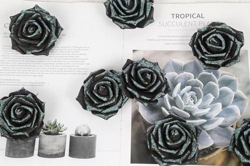 IPOPU Black Glitter Flowers Glitter Roses 3.15 in Stemless Foam Roses with Glitter, 30 PCS Foam Glitter Flowers Bulk for DIY Wedding Bridal Bouquet Home Party Decoration(Black Glitter) - color: Black Glitter