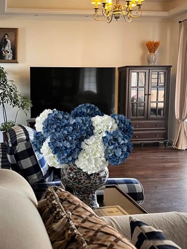 ZYTUYO 5 Pcs Dark Blue Silk Hydrangeas Artificial Flower Boho Dried Touch 20'' Faux Hydrangeas for Fall Indoor Home Decor Kitchen Living Room Outdoor Porch Wedding Flower Arrangement - color: Dark Blue
