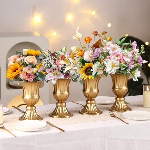 MCMCNCUIU Gold Vases for Centerpieces Set of 4, Urn Vases for Flowers, Vintage Pedestal Vase for Wedding Centerpieces, Metal Trumpet Vase for Wedding Table, Party, Home, Anniversary Decoration - color: Gold, size: Tall Urn-4Pcs
