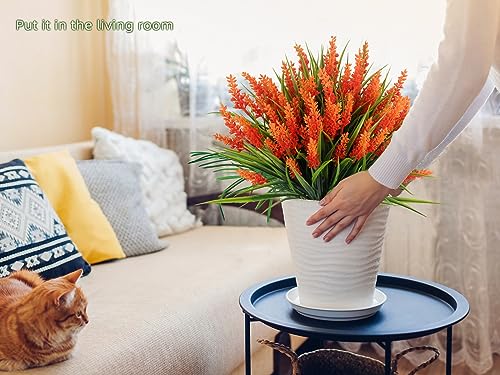 RECUTMS 12Pcs Spring Fake Fall Flowers Outside,Artificial Plants Outdoor, UV Resistant Faux Monkey Grass Greenery Stems Faux Plastic Flowers Shrubs for Weddings Garden Porch Front Patio Decor(Orange) - color: Orange