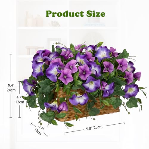 Briful Fake Floral Centerpieces for Tables Artificial Potted Morning Glory Silk Flowers with Woven Rattan Basket Faux Flower Arrangement for Home Office Room Shelf Kitchen Decor(Lavender Purple) - color: Lavender Purple