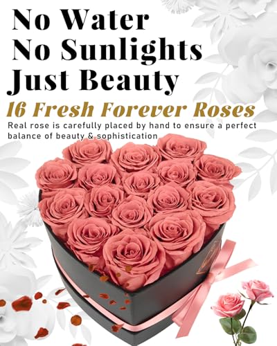 Changshunqi 16 Flowers Forever Preserved Roses in Heart Box, Preserved Flowers Womens Birthday Gifts for Women Mothers Rose Gift for Her Romantic Eternal Real Rose for Women Mom Wife - color: Caramel