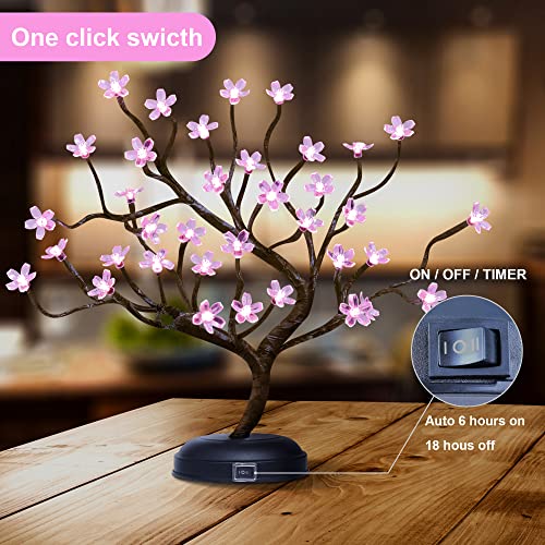 Lighted Cherry Blossom Tree Lamp 18IN Tree Lights with 36 LED, Japanese Cherry Blossom Decor for Indoor and Outdoor, Adapter Plug in/ Battery Powered Tabletop Lamp, UL Listed, Pink White