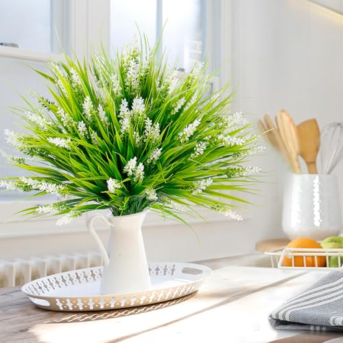 Sggvecsy 24 Bundles Artificial Plants Outdoor Faux Lavender Flowers Fake Monkey Grass UV Resistant Plastic Greenery Plants for Garden Home Porch Window Patio Hanging Planter Indoor Decor (White) - color: White, size: 24pcs