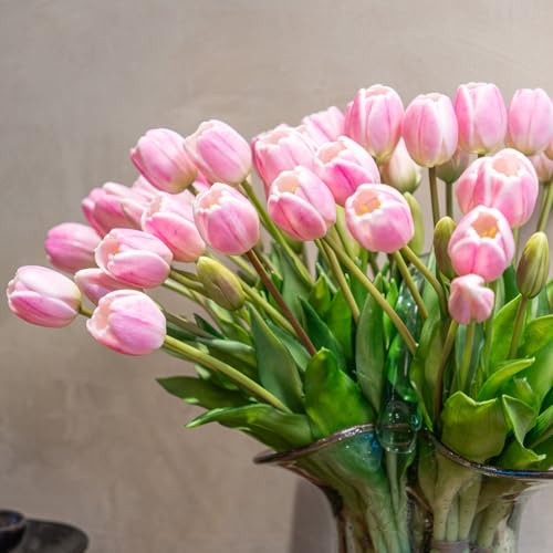 Artificial Tulips Flowers,Soft Touch Latex Bouquet, Fake Tulips,Spring Wedding Home Room Table Centerpiece Decor - color: 60pcs Baby Pink Set(no Vase)