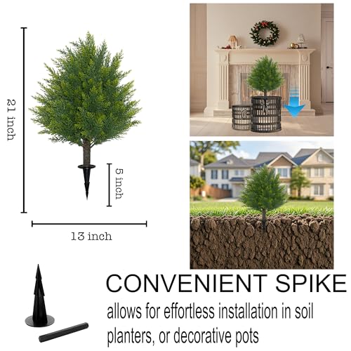 21'' Artificial Cedar Topiary Ball Trees with Ground Spike, 2 Pack Artificial Shrubs, UV Resistant Fake Plant Brush for Indoor Outdoor Front Porch Garden
