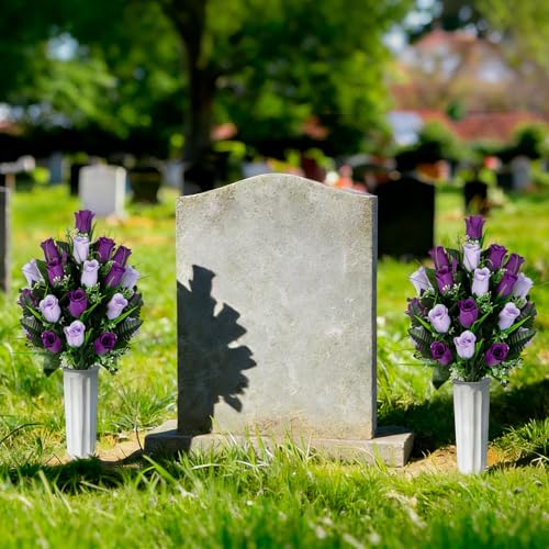 Artificial Cemetery Flowers - Set of 2 Grave Memorial Rose Flowers with Vase for Cemetery Headstones Gravesites Decoration (Dark Purple&Light Purple) - color: Dark Purple&light Purple