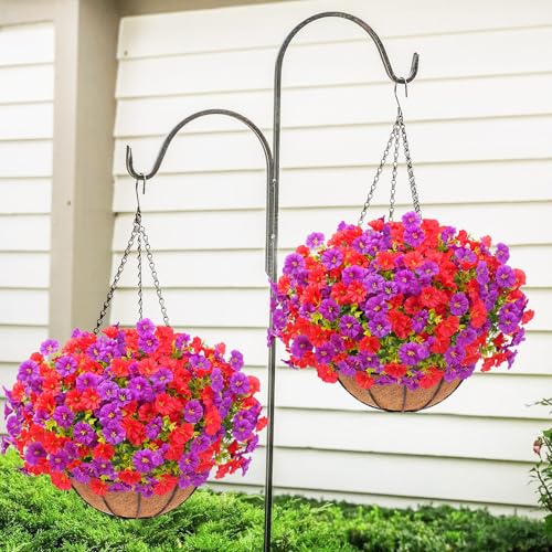Elyum 2 Pack Artificial Hanging Flowers for Outdoors, Fake Flowers Artificial Petunias Hanging Baskets for Outdoors, UV Resistant Fake Hanging Plants Flowers for Outside Garden Patio Porch Decor - color: Purple&red, size: 2 Pack
