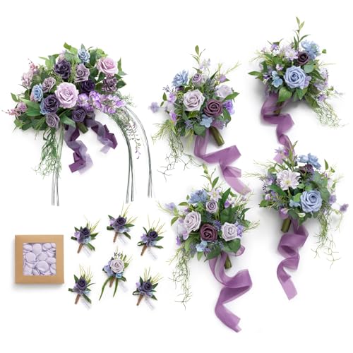 Ling's moment Wedding Artificial Flowers Package, Bridal Bouquet, Bridesmaid Bouquets, Boutonniere for Men, Rose Petals.Sage Purple Provence - color: Prpl-sage Purple & Provence