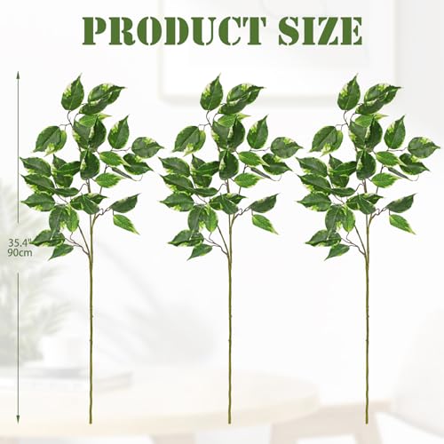 Ficus Leaves Artificial Branches 35.4" Faux Ficus Tree Branches Fake Greenery Plant Spray for Tree DIY Arch Wedding Bouquet Wreath Wall Decor - 3PCS - color: 35inch-3pcs/Green & White