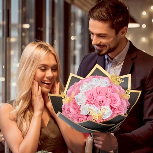 36+20 Glitter Roses Bouquet, DIY Fake Flowers Bouquet, Craft the Initials of Your Loves' Name with Artificial Rose Bouquet for Valentines, Anniversary, Wedding, Mothers Day Gifts, Pink & White - color: Pink & White