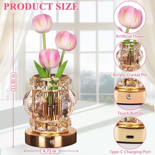 Tulip Table Lamp, Rechargeable Cordless Touch Dimming Artificial Tulip Flower Desk Lamp, LED Crystal Lamp Flower Bedside Night Light, Romantic Gifts for Girl Women Mom (Pink - Tulip) - color: Pink - Tulip