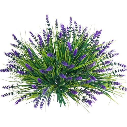 Fumwase 12 Bundles Artificial Plants Flowers for Outdoors Fake Monkey Grass No Fade Artificial Shrubs Bushes Greenery 14.2" Plastic Plants for Garden Home Front Porch Decor (Purplecolor)
