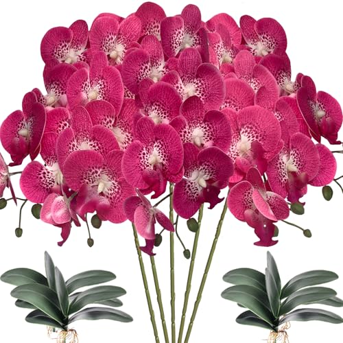 HinyoCo 5 Pcs Artificial Orchid Flowers and 4 Bundles Leaves, Artificial Phalaenopsis Flowers 32 Inch Stem Plants for Home Wedding Decoration (Rose red Spots) - color: Rose Red Spots
