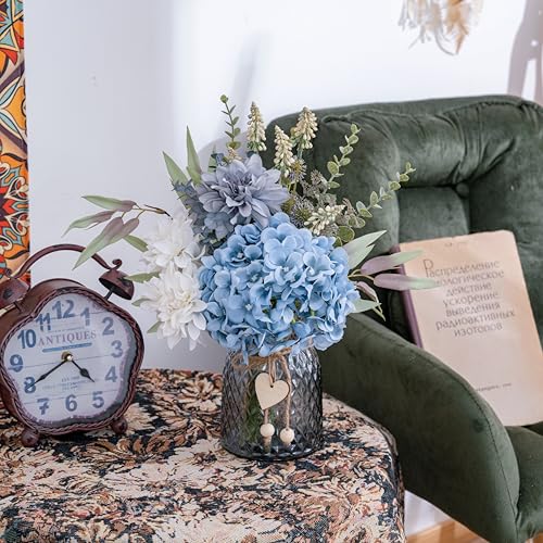 LUEUR Fake Flowers with Vase, Hydrangea Artificial Flowers in Vase Faux Flowers Arrangement Suitable for Home Kitchen Living Room Fall Spring Decor Office Decoration, Centerpiece Table Decorations - color: Blue-hydrangea
