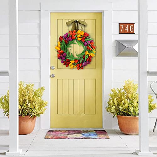 U'Artlines 24 Inch Tulip Wreath for Front Door, Spring Summer Silk Wreath with Green Leaves Artificial Tulip Flower Wreaths for All Seasons Window Wall Wedding Valentines Day Decor - color: Red Yellow Purple, size: 24 Inch