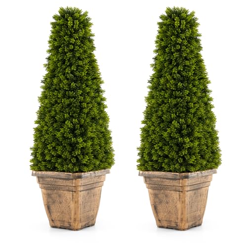 Goplus 3ft Artificial Boxwood Topiary Tree, 2 Pack Cone-Shaped Faux Potted Plants with Cement Flowerpot, Fake Evergreen Artificial Topiary for Indoor Outdoor Home Front Porch Decor