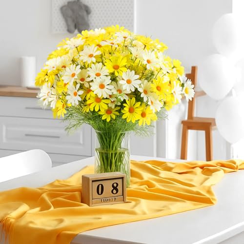 Giegxin 100 Pcs Artificial Daisy Flowers Bulk Realistic Fake Daisies Faux Wildflower Daisy UV Resistant Silk Fake Flowers Plants for Outside Wedding Garden Home Table Decor (White,Yellow) - color: White,yellow