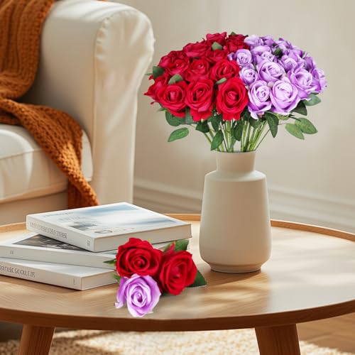 40 PCS Artificial Flowers Fake Roses with Long Stem Realistic Artificial Flowers Bulk for Wedding Party Home Bathroom Kitchen Decor (Rose+Purple) - color: Rose+purple