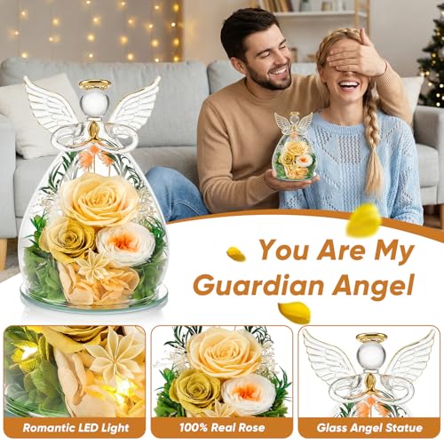 Preserved Rose in Glass Angel Figurine, Mothers Day Gifts for Mom/Wife/Grandma, Forever Flowers Rose Anniversary, Graduation or Birthday Gifts for Women Her - color: Champagne