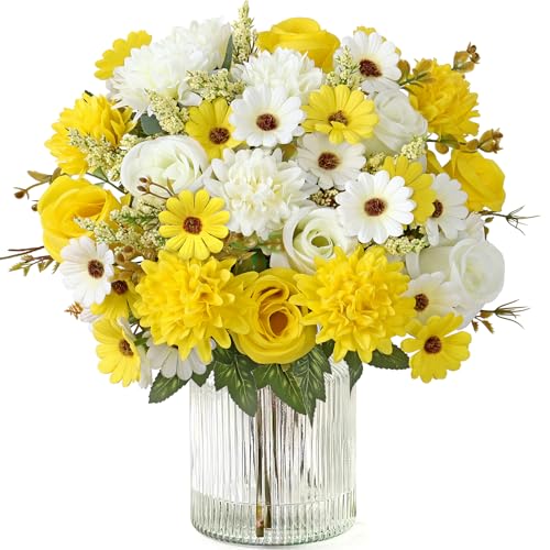 Dremisland Artificial Flowers Like Real Artificial Bouquet 4 Packs Silk Artificial Roses Bouquet with Daisy Chrysanthemum Yellow Flowers for Vase Centerpiece Table Wedding Party Decor Home Decor - color: White Yellow, size: 4PCS