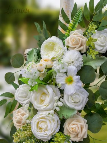 Lisuun Artificial Wedding Arch Flowers with Chiffon Runner, Pack of 3 | Includes 2 Flower Swags, 1 20ft Chiffon Runner and Zip Ties for Wedding Arches, Arbors and Backdrops - color: Pure White