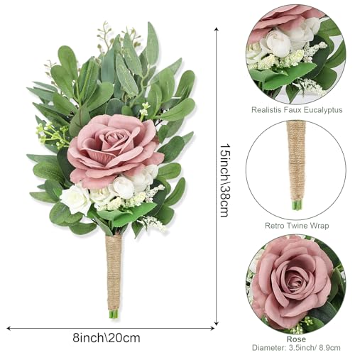 8 Inch Bridesmaid Bouquets Set of 6 - Artificial Flowers Greenery Bouquet for Wedding, Small Floral Bouquet for Ceremony Anniversary Marriage Proposal Centerpiece Decorations - Dusty Pink - color: Dusty Pink, size: 6pcs