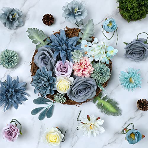 AmyHomie Blue Artificial Flowers Combo Silk Mix Peony Rose Hydrangea Fake Flowers w/Stem for DIY Wedding Bouquets Centerpieces Arrangements Table Decor Party Bridal Baby Shower Home Decorations - color: Blue