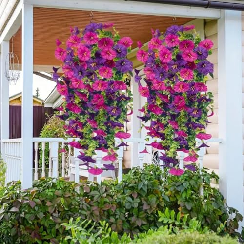 2pcs Outdoor Artificial Morning Glory Hanging Flowers for Outdoors Garden, Patio, Balcony, Farmhouse Decor - Valentine’s Day, Christmas, Easter, Thanksgiving, Halloween