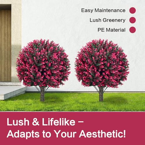 Artificial Red Eucalyptus Topiary Ball Tree, Outdoor Faux Evergreen Shrubs with Ground Spike, UV Resistant Fade Proof Fake Plants, Set of 4 for Garden Patio Yard Indoor Deco .25Inch - color: Pink-coloured