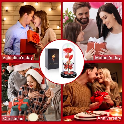 Mothers Day Rose Gifts for Mom Birthday Gift, Rechargeable Galaxy Glass Rose in Glass Dome Eternal Crystal Flower Butterfly Gift Mother's Day Flowers Gifts for Women Mom Wife Grandma Daughter Red - color: USB-E Red