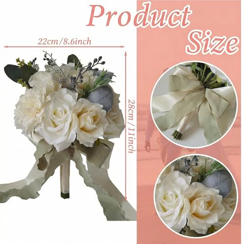 Wedding Bouquets for Bride, Ivory White Bridal Bouquet | Realistic Silk Rose for Rustic Boho Church Ceremony, Proposal, Thanksgiving, Wedding Decor - color: Ivory White