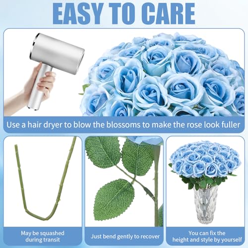 24 Pcs Sky Blue Rose Artificial Flowers with Long Stem Real Touch Silk Roses Bulk for Wedding, Party, Table Centerpieces Bouquet, Bridal, Home Decor - color: Sky Blue