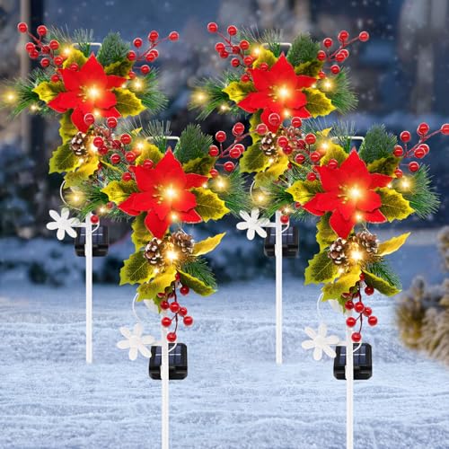 4 Pack Solar Christmas Decorations Outdoor, 32 Inch Solar Christmas Cross Stake Lights, Waterproof Grave Decorations with Poinsettia Flower Pinecones Red Berries for Garden Yard Patio Lawn Cemetery - color: Warm White, size: 4 Pack