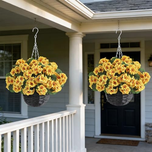 GLIDLION 2 Set Artificial Geraniums Flowers with Hanging Baskets for Outdoors - Sun Resistant Silk with Geranium Flowers, Fake Hanging Planters for Front Porch Garden Patio Home Decor (Yellow) - color: Yellow