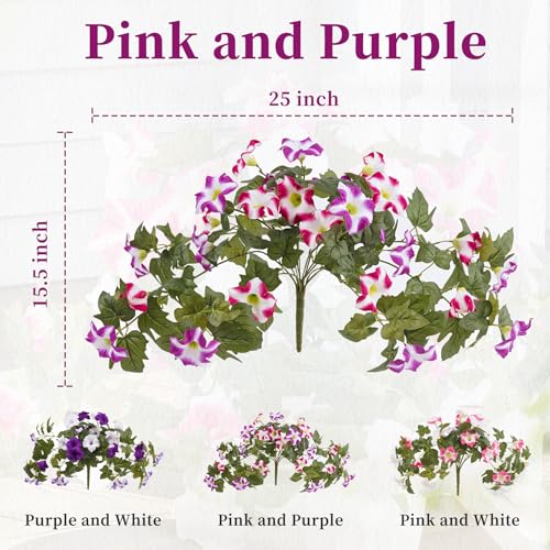 YOUNGLEAVES 2pcs Artificial Fake Petunia Flowers for Outdoor Decoration | Faux Realistic Floral Plants, UV-resistant realistic flower bouquet, Ideal for Garden Porch Balcony Home Wedding Party Decor - color: Pink Purple