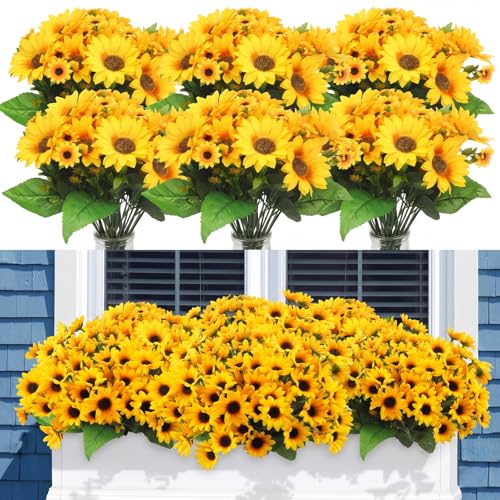 Redbaker 24 Bundles Yellow Little Sunflower Faux Mums for Outdoor Artificial Flower with Stems Bouquet Fake Plants Bulk UV Resistant Plastic No Fade Wedding Fall Garden Home Window Decor - color: Yellow, size: Little Sunflower