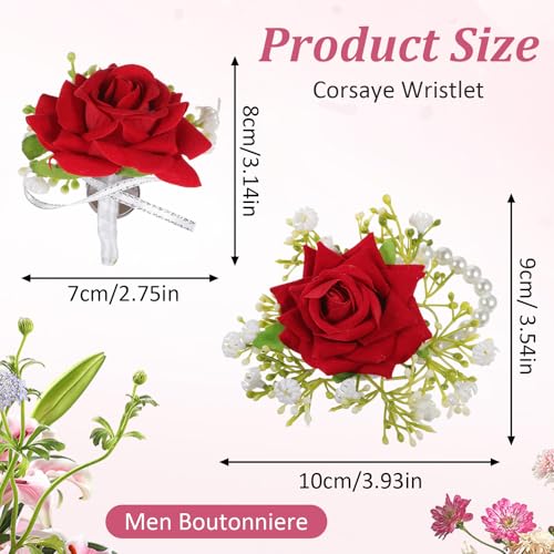Tucnoeu 2pcs Artificial Red Rose Boutonniere and Corsage Set Corsage Wristlet Band for Prom Decor Wedding Party Flower Accessories - color: Rose Red