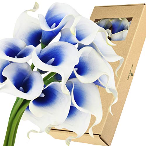 FiveSeasonStuff Real Touch Calla Lily Artificial Flowers Wedding Bridal Bouquet | Floral Arrangements | 15 Calla Lilies (Silk White & Abyss Blue) - color: Silk White & Abyss Blue